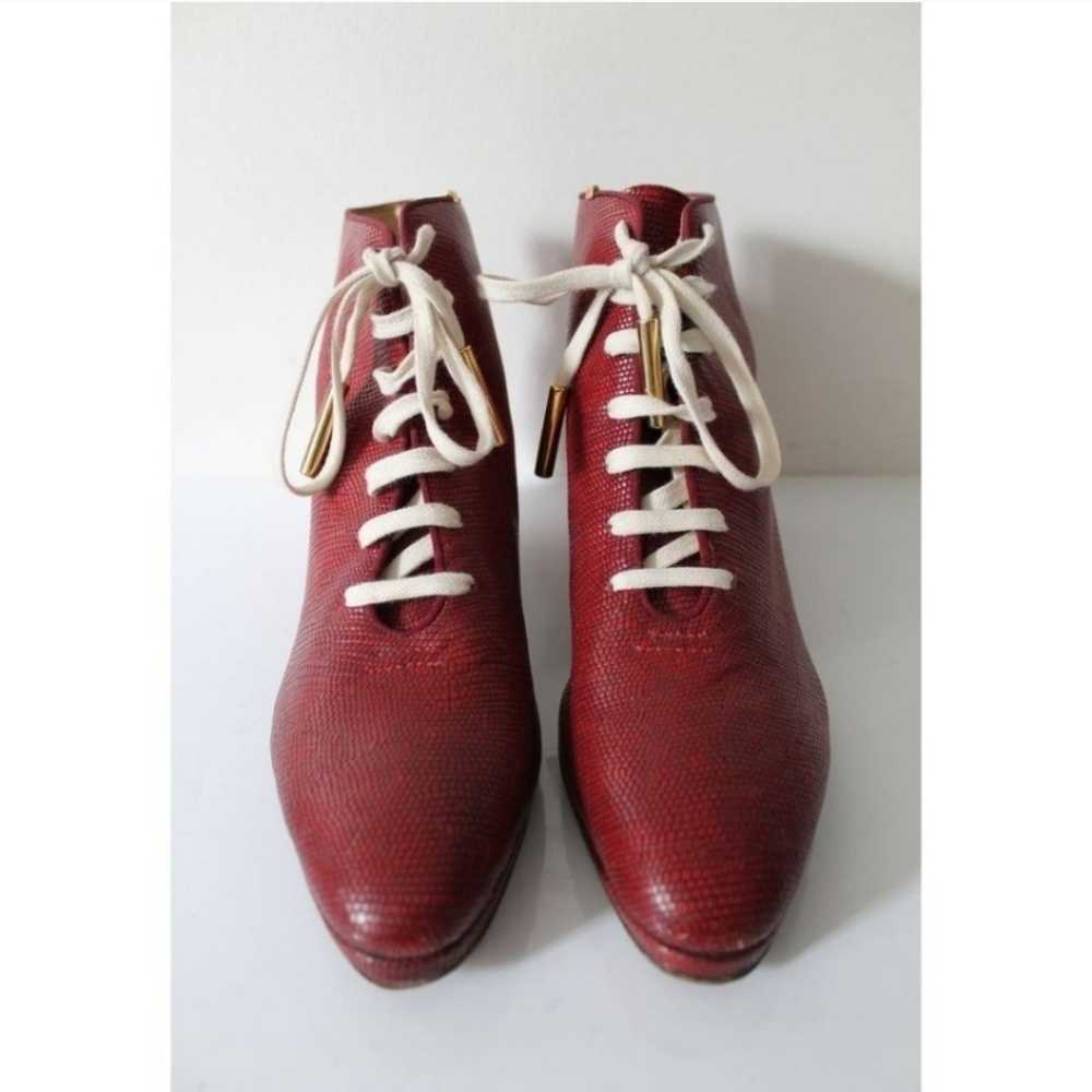 Zoe Lee Zachary Red Lizard Embossed Lace Up Bootie Red Size 40
